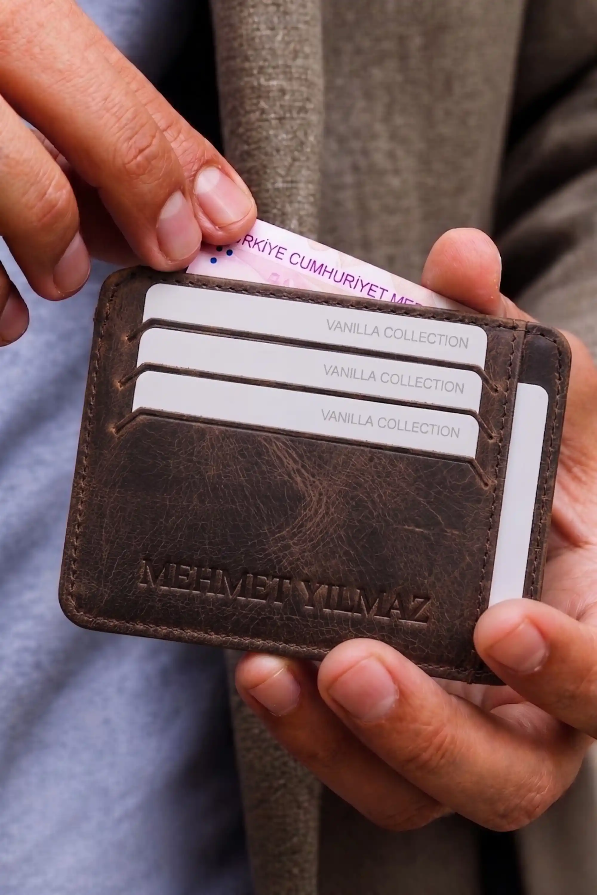 Kişiye Özel Orijinal Hakiki Deri Unisex Oval Kredi Kartlık Cüzdan Portföy Süper Ince Model Kahve