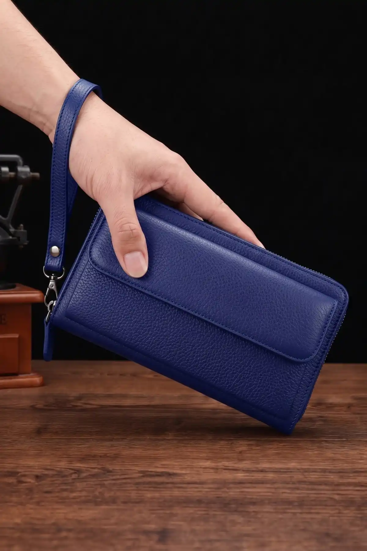 Kişiye Özel İsim Baskılı Hakiki Deri El Portföyü Cüzdan Telefon Bölmeli Fermuarlı Unisex Lacivert