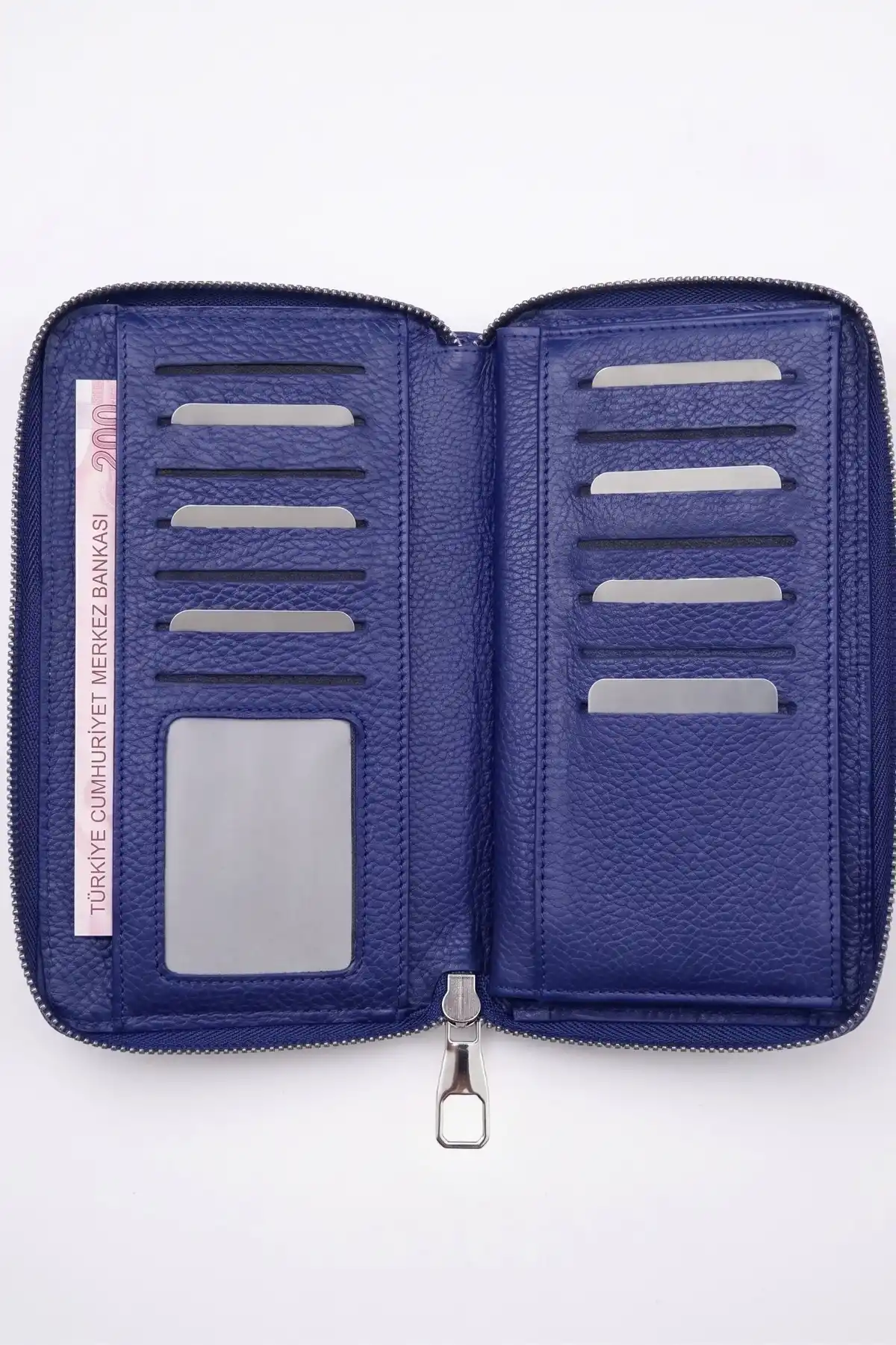 Kişiye Özel İsim Baskılı Hakiki Deri El Portföyü Cüzdan Telefon Bölmeli Fermuarlı Unisex Lacivert