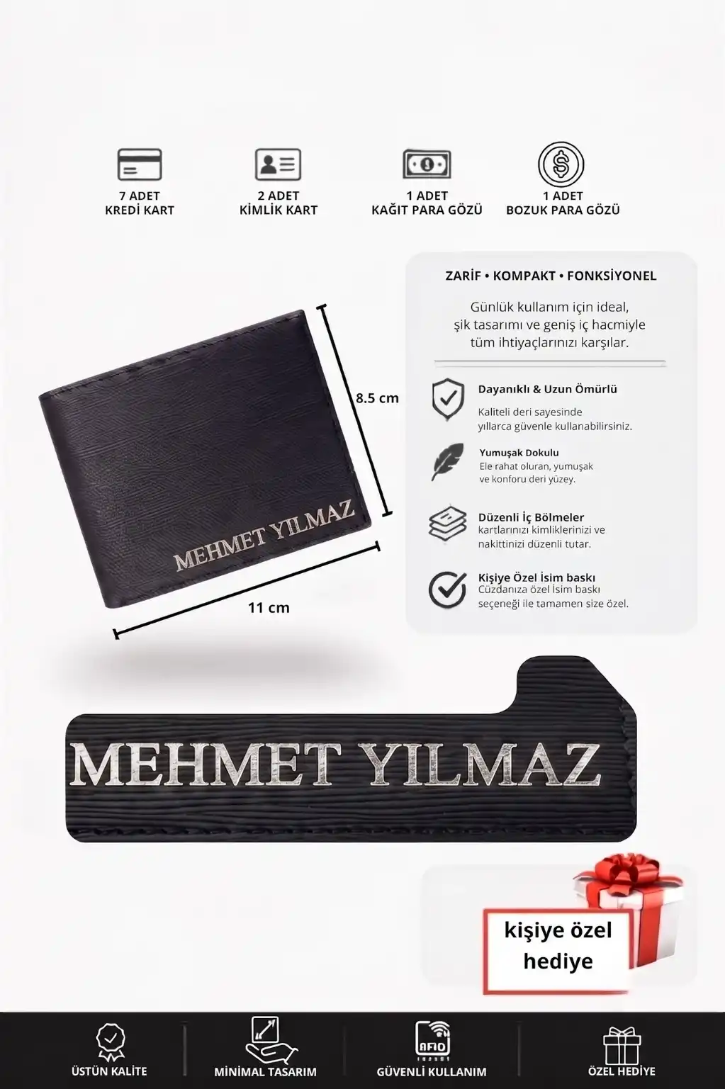 Deri Cüzdan Kişiye Özel İsim Basklı-9 Kart-Bozuk Para Bölmeli Kelebek Model Siyah Cüzdan