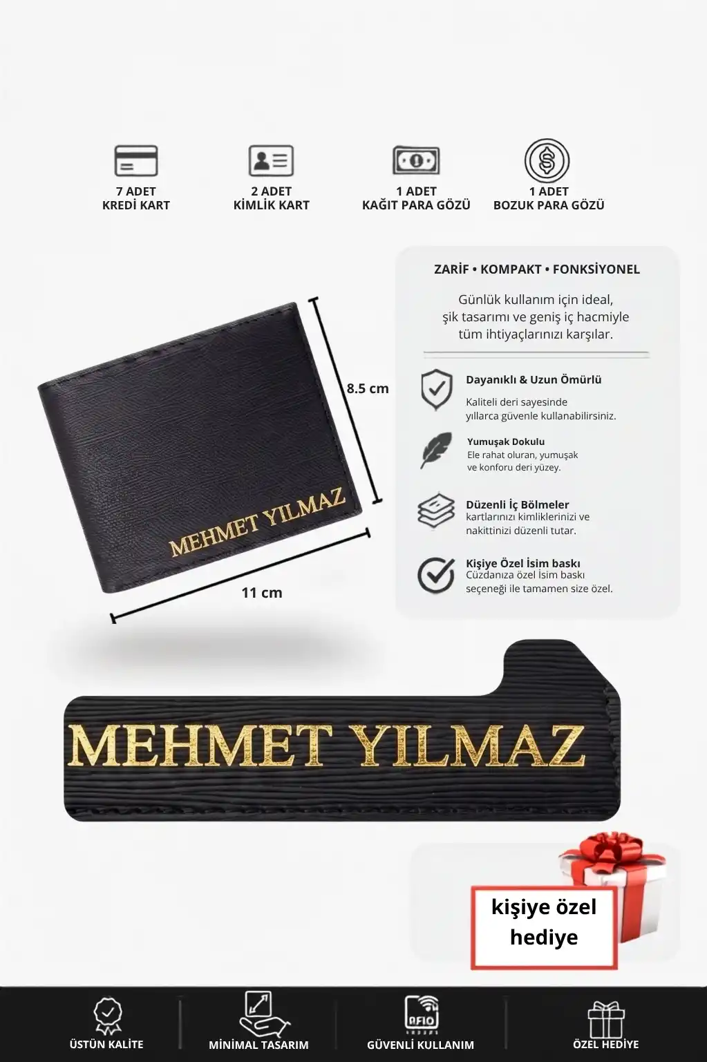 Deri Cüzdan Kişiye Özel İsim Basklı-9 Kart-Bozuk Para Bölmeli Kelebek Model Siyah Cüzdan