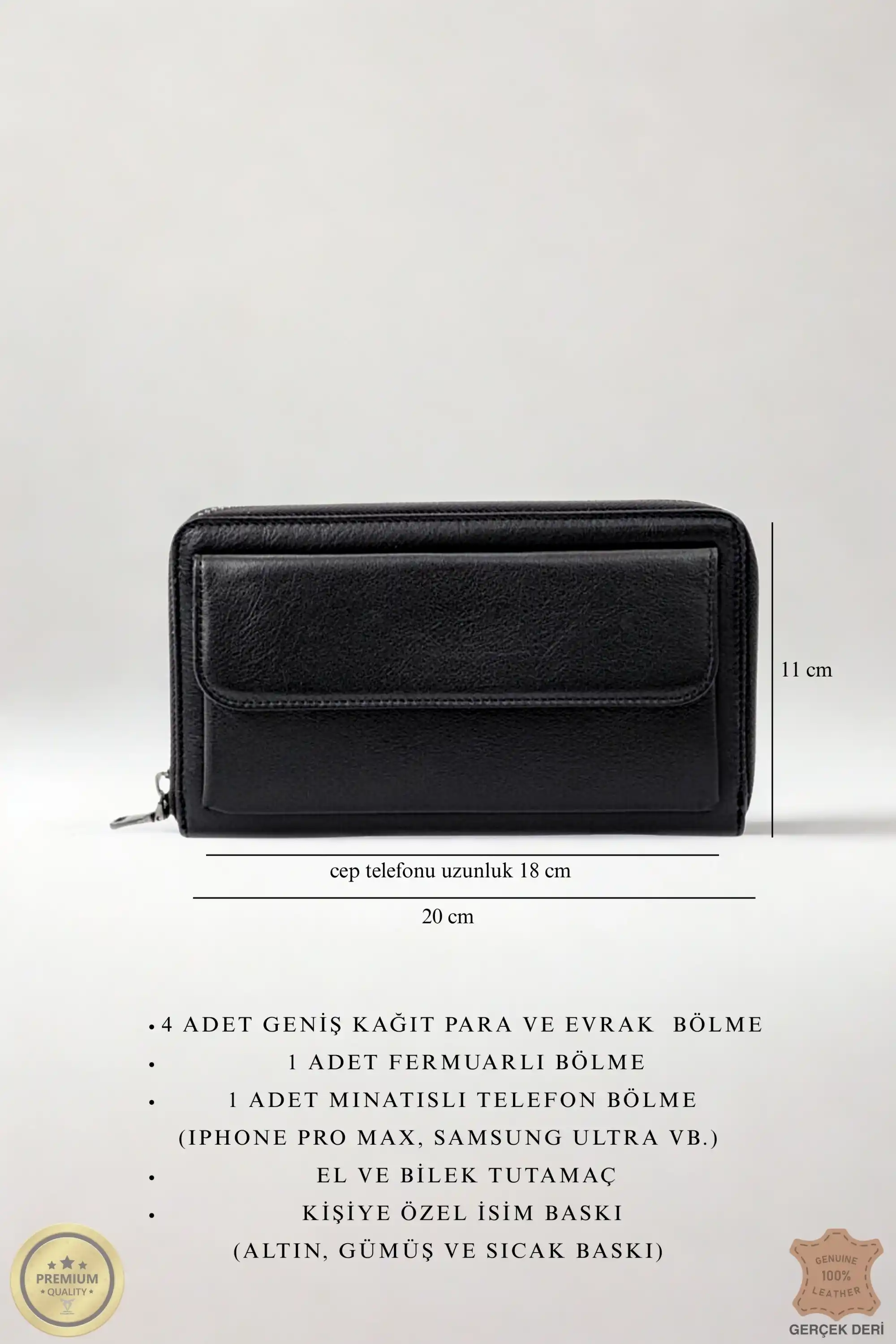 Hakiki Deri Kişiye Özel El Portföy Kartlı, Fermuarlı, İsim Baskılı