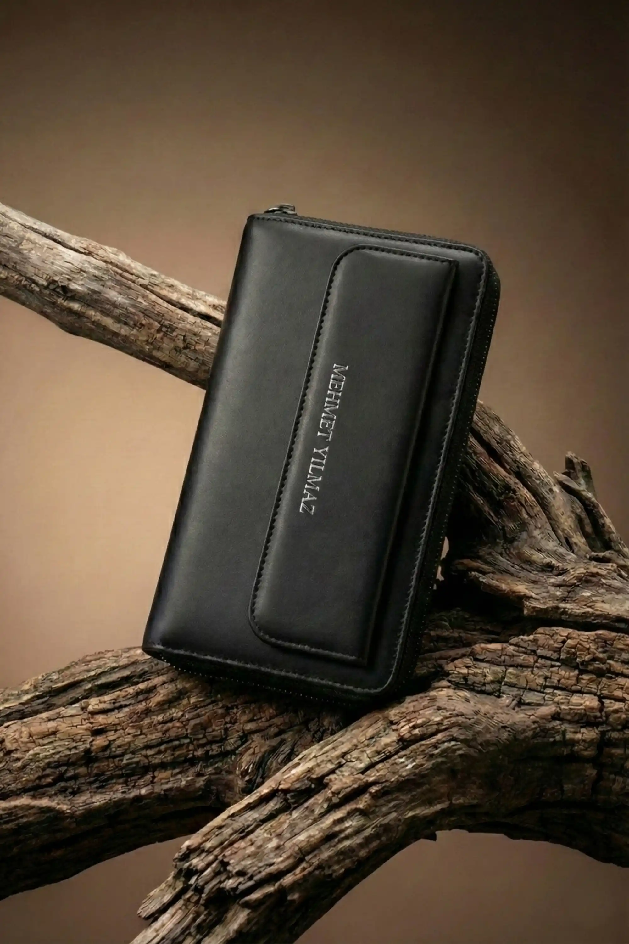 Hakiki Deri Kişiye Özel El Portföy Kartlı, Fermuarlı, İsim Baskılı