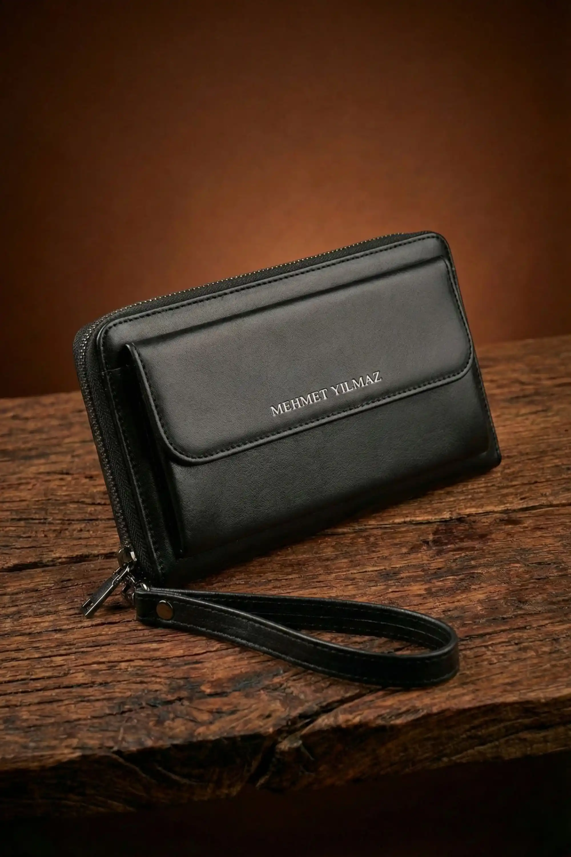 Hakiki Deri Kişiye Özel El Portföy Kartlı, Fermuarlı, İsim Baskılı