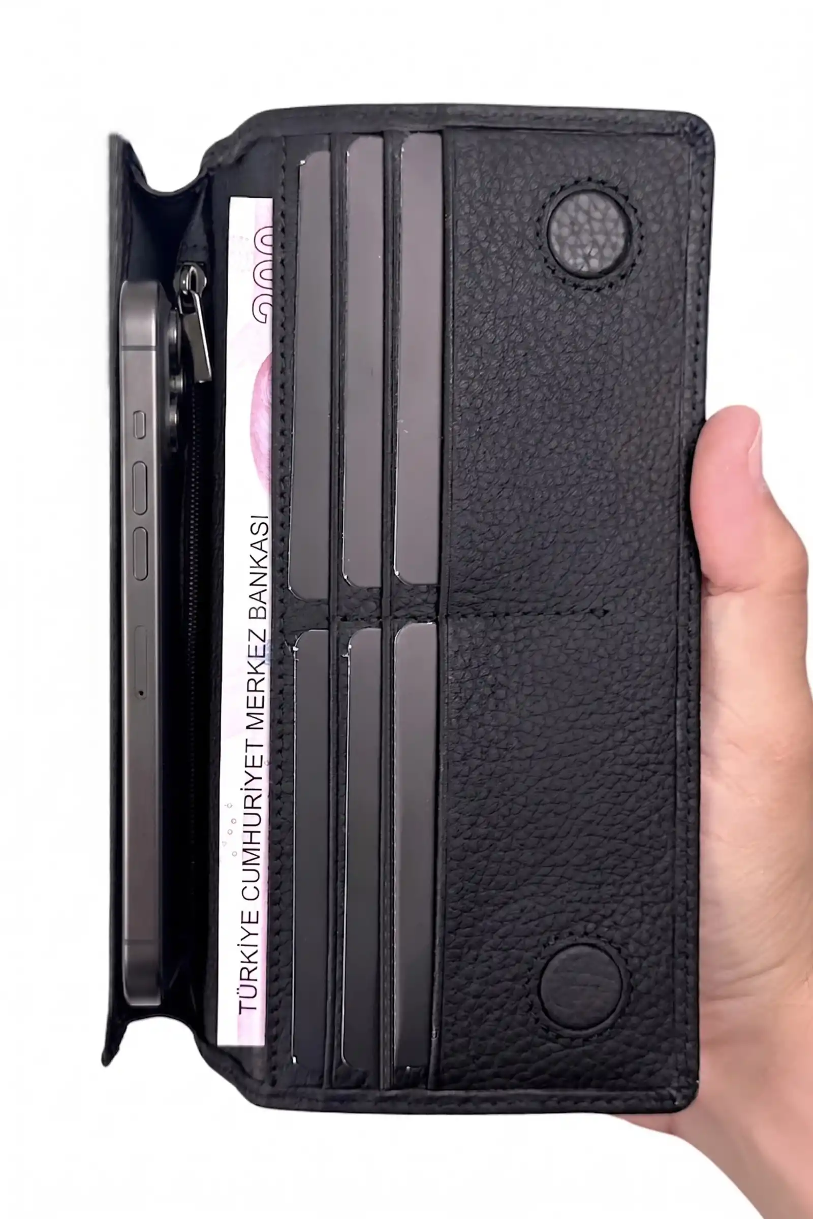 İsim Baskılı Hakiki Deri Portföy Telefon Bölmeli Unisex Cüzdan Siyah