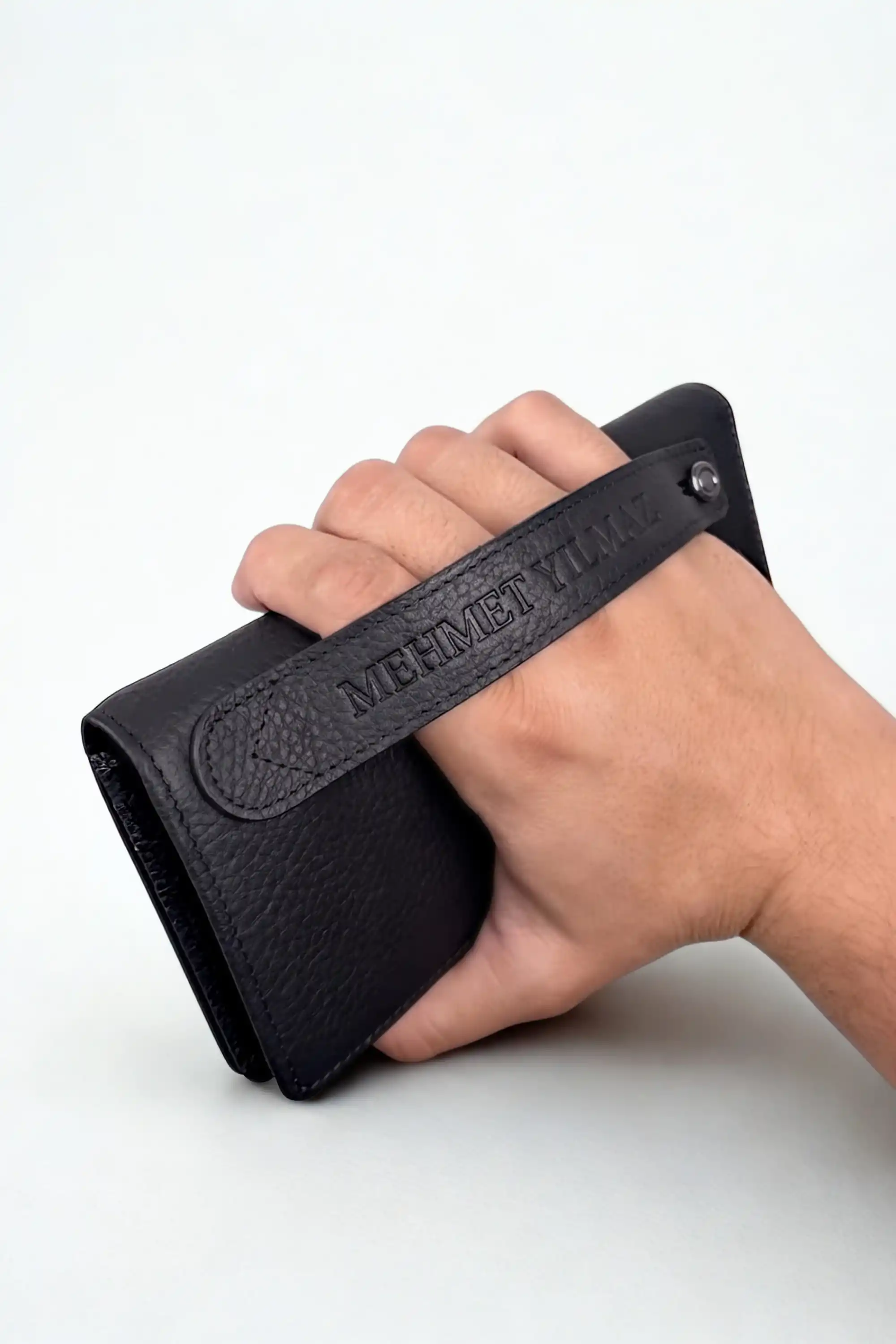 İsim Baskılı Hakiki Deri Portföy Telefon Bölmeli Unisex Cüzdan Siyah