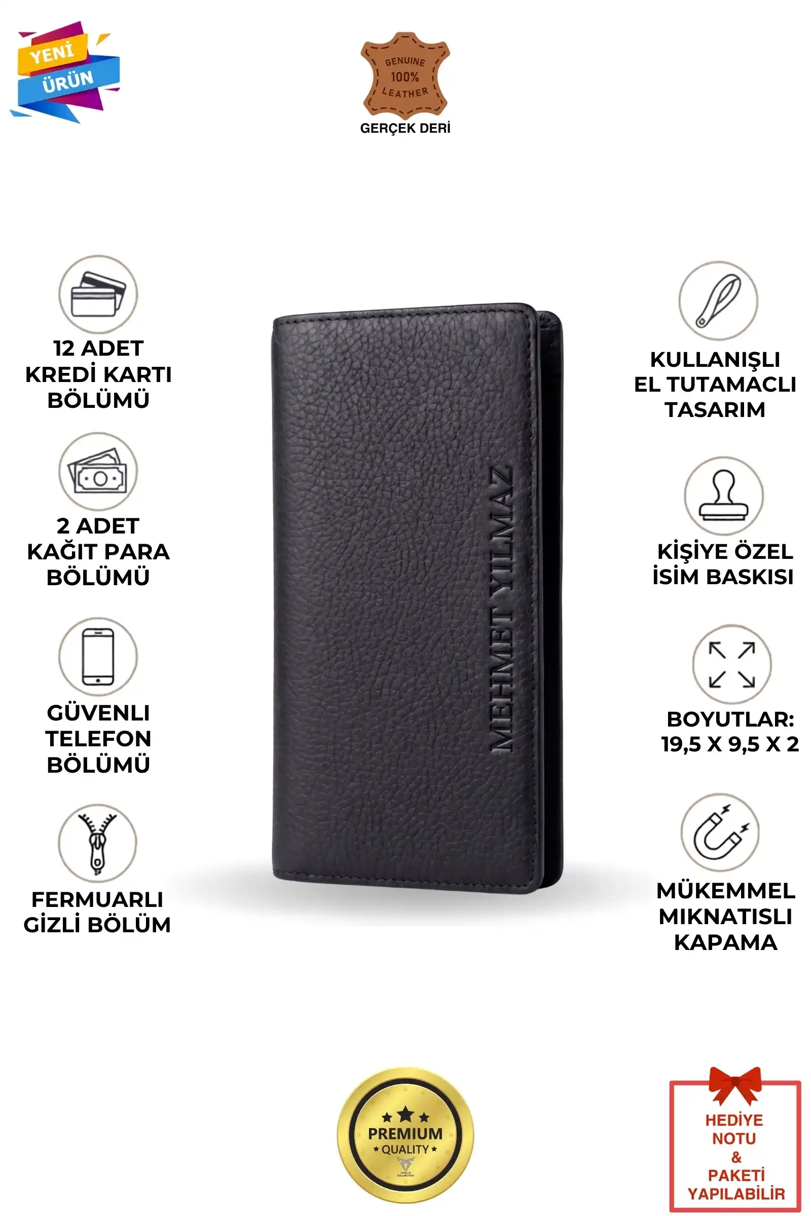 İsim Baskılı Hakiki Deri Portföy Telefon Bölmeli Unisex Cüzdan Siyah