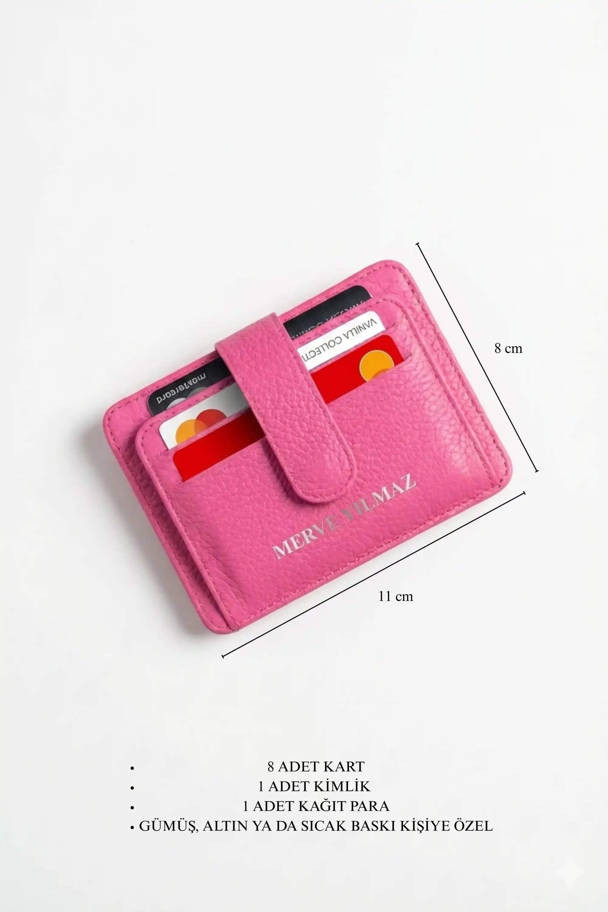 İsim Yazılı Kadın Kartlık Hakiki Deri- Fuşya Renk - 8 Kart Bölmeli - 1 Kimlik Gözlü