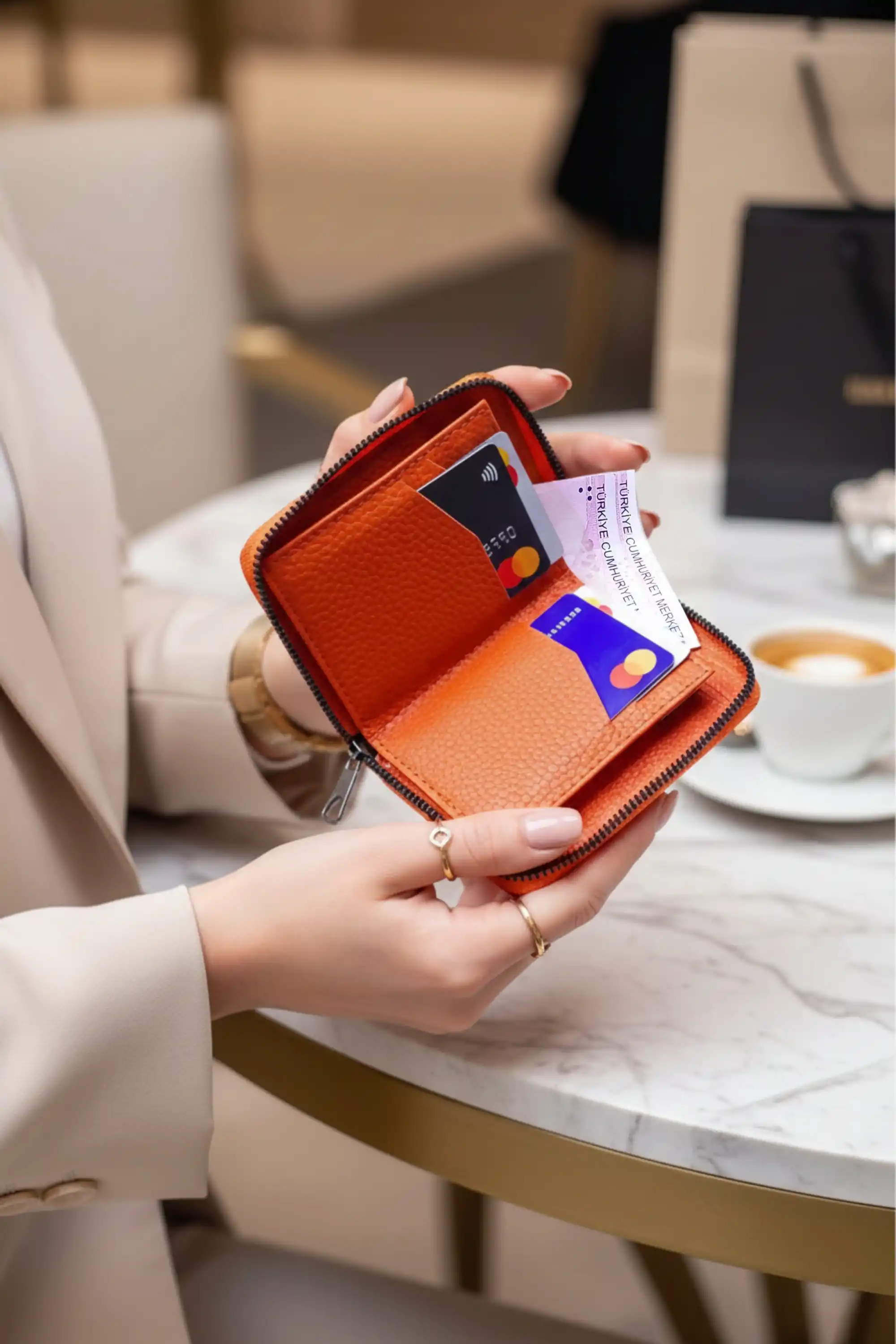 Kadın Vegan Deri Fermuarlı Portföy Turuncu Cüzdan Kartlık