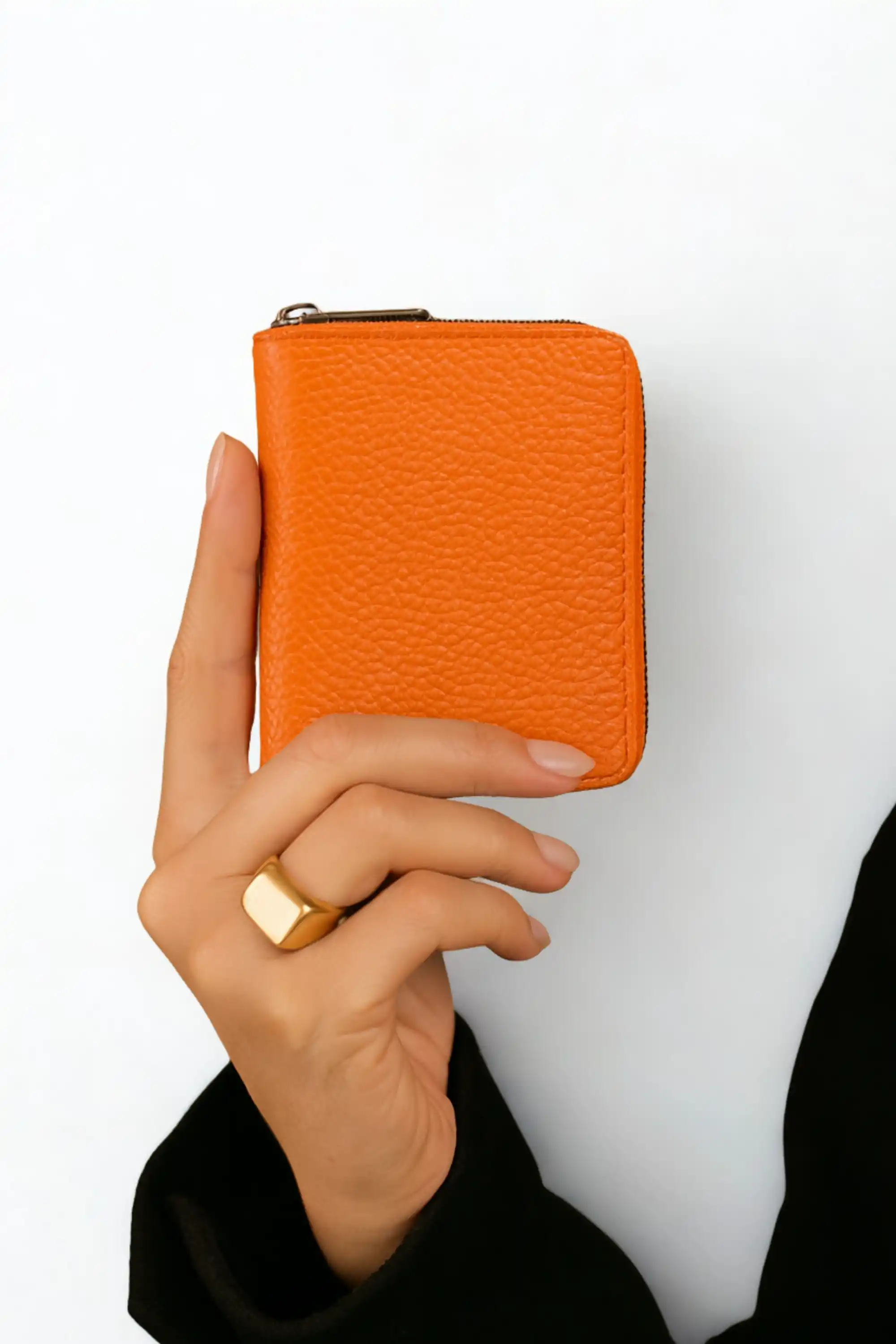 Kadın Vegan Deri Fermuarlı Portföy Turuncu Cüzdan Kartlık