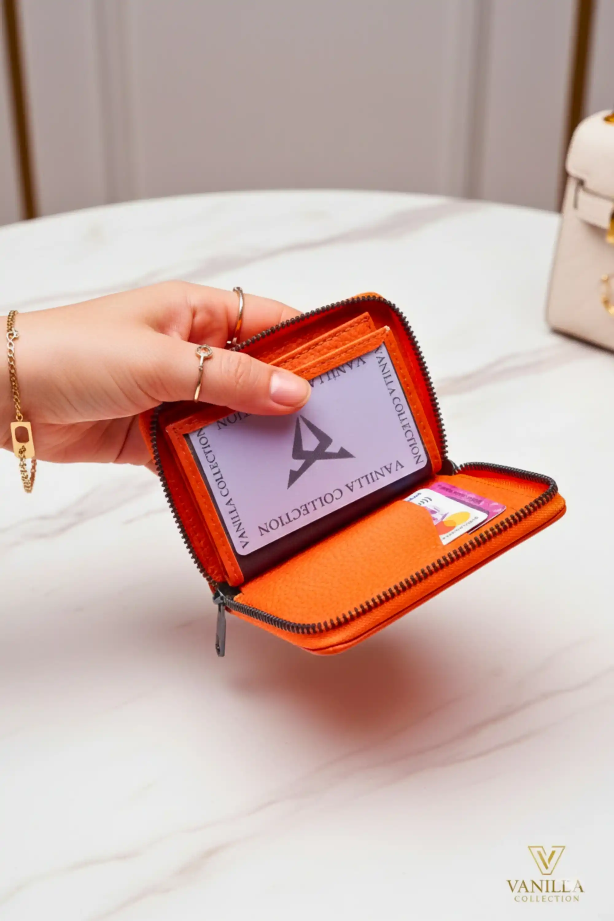Kadın Vegan Deri Fermuarlı Portföy Turuncu Cüzdan Kartlık
