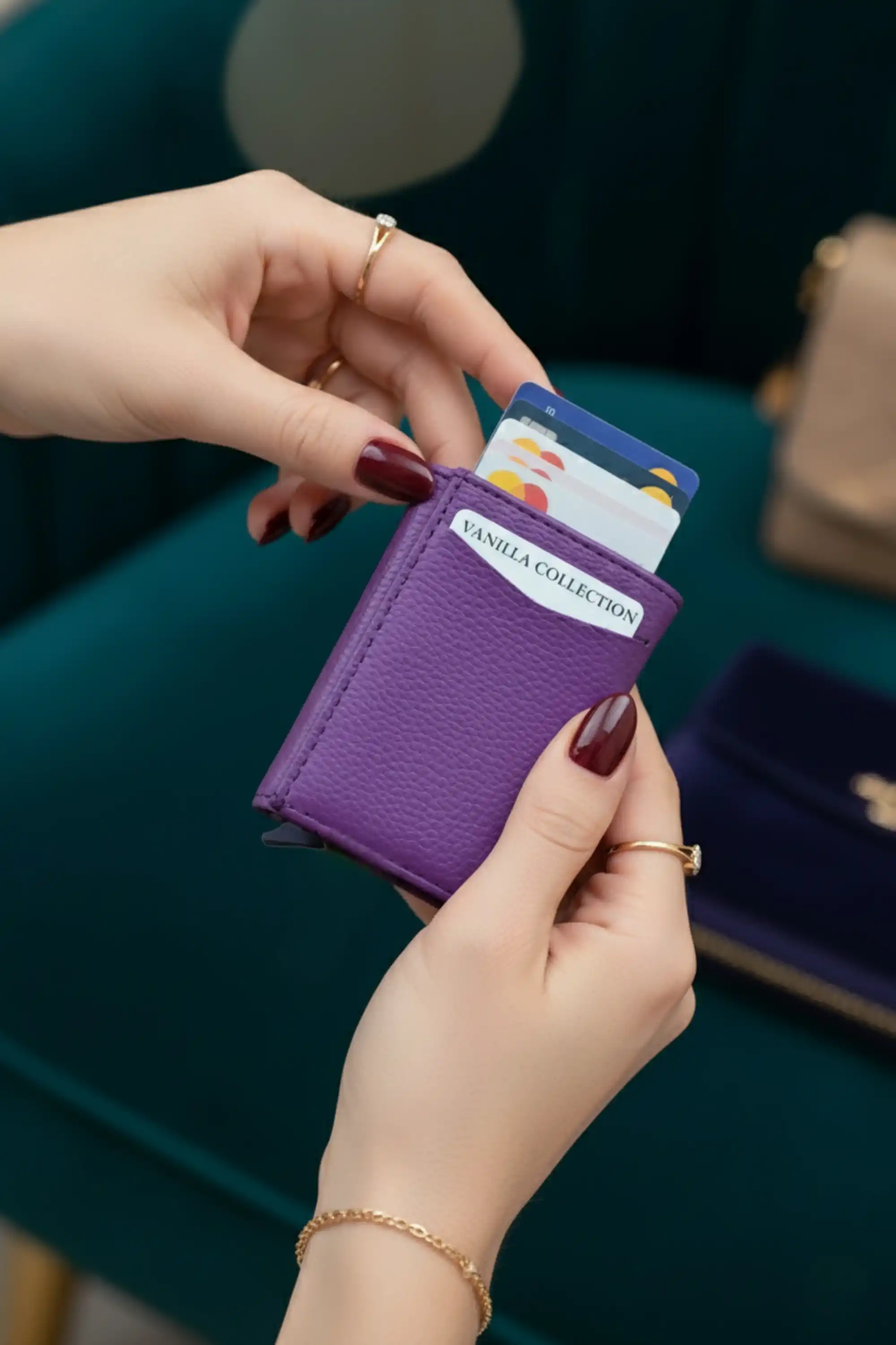 Otomatik Mekanizmalı Deri Cüzdan Kartlık Portföy Mor Renk