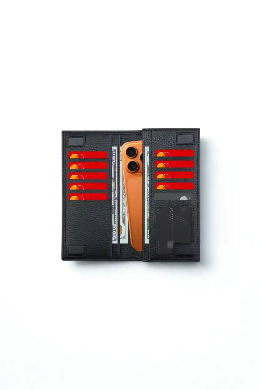 Telefon Bölmeli Cüzdan İsim Baskılı Mıknatıslı Ve El Bantlı Büyük Paraportföy El Çantası Siyah