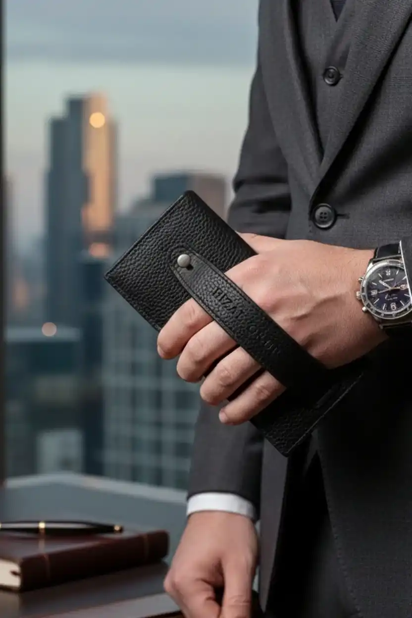 Telefon Bölmeli Cüzdan İsim Baskılı Mıknatıslı Ve El Bantlı Büyük Paraportföy El Çantası Siyah