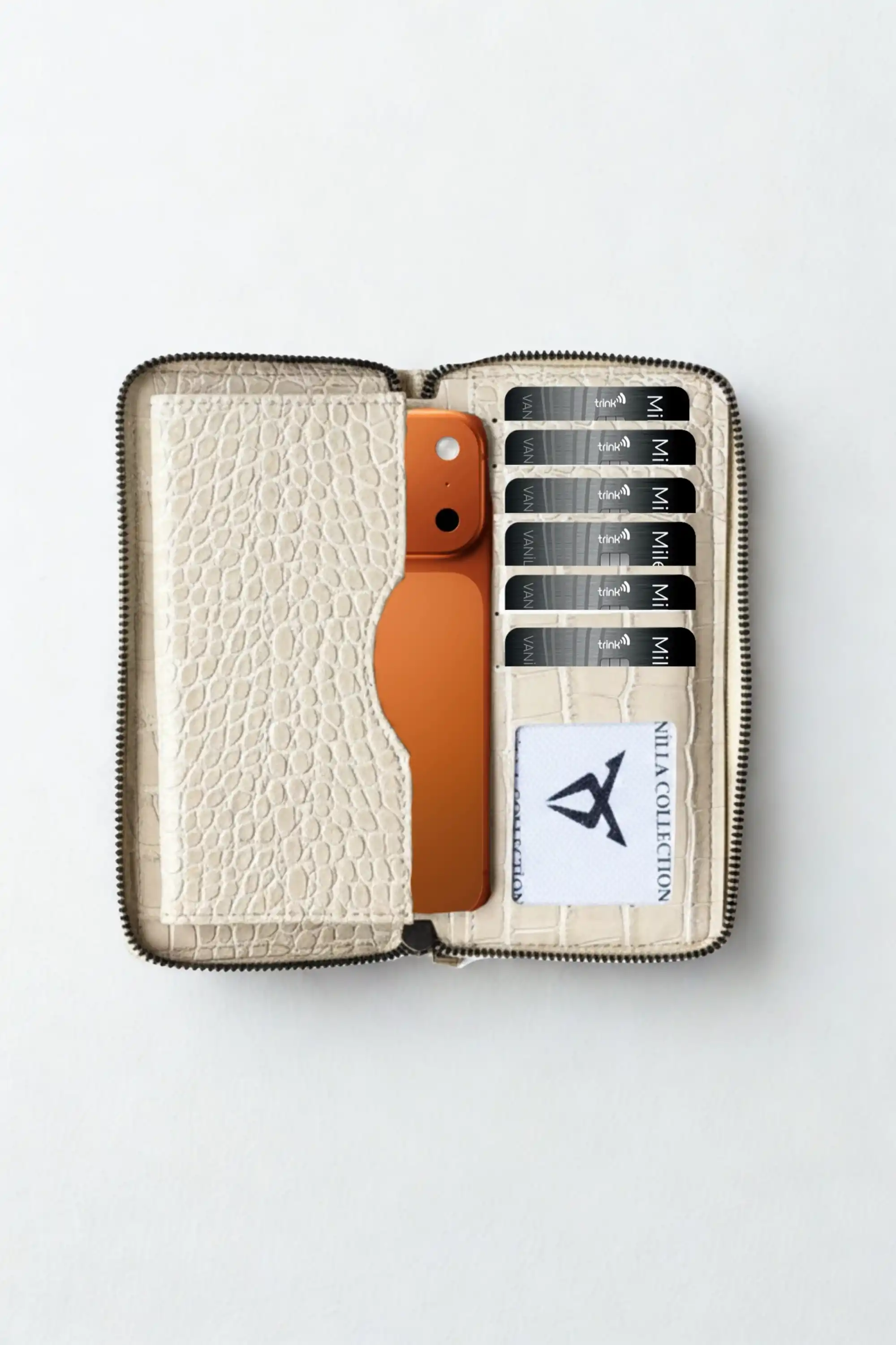 Telefon Bölmeli Timsah Desenli Fermuarlı Kadın Cüzdanı Bej Vegan Deri