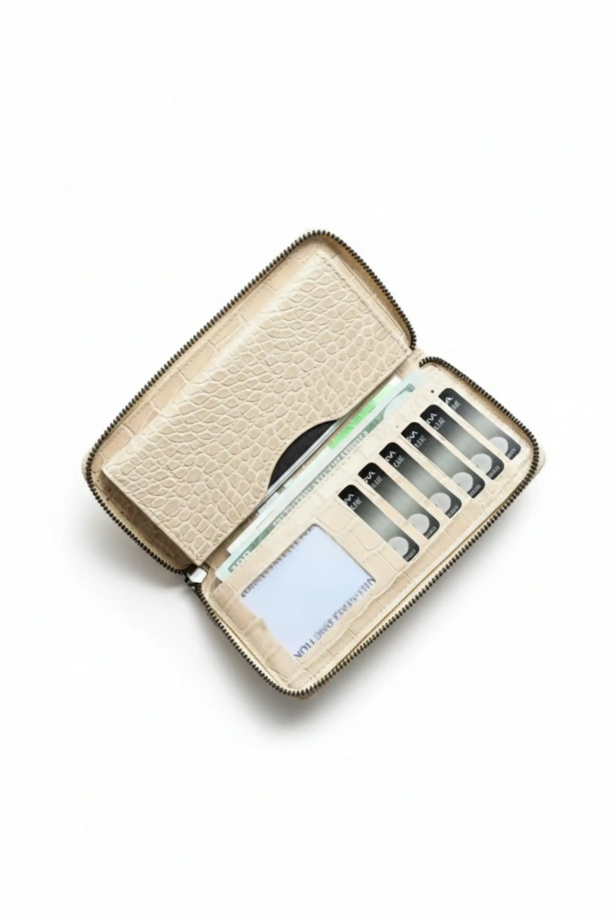 Telefon Bölmeli Timsah Desenli Fermuarlı Kadın Cüzdanı Bej Vegan Deri