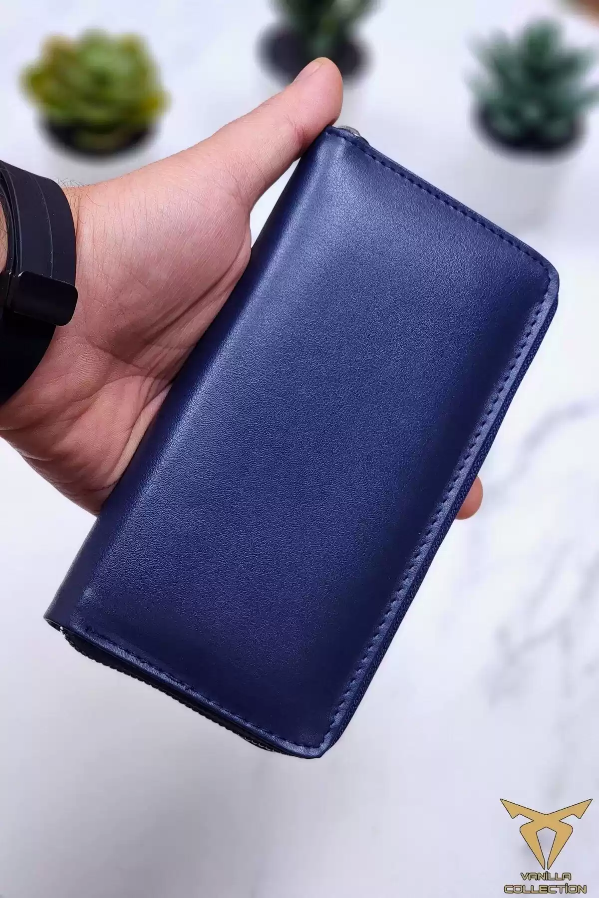 Telefon Bölmeli Cüzdan El Geçmeli Kordonlu Deri Portföy Kartlık Uzun Cüzdan Lacivert