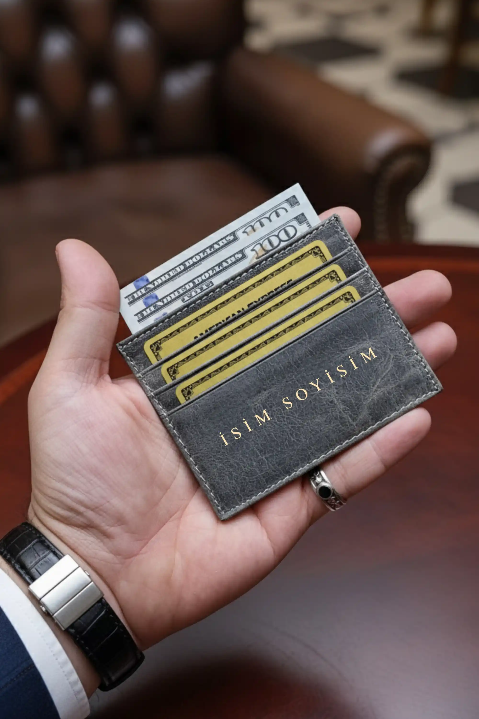 İsim Baskılı Hakiki Deri Kartlık & Cüzdan | 6 Kart Kapasiteli Crazy Gri