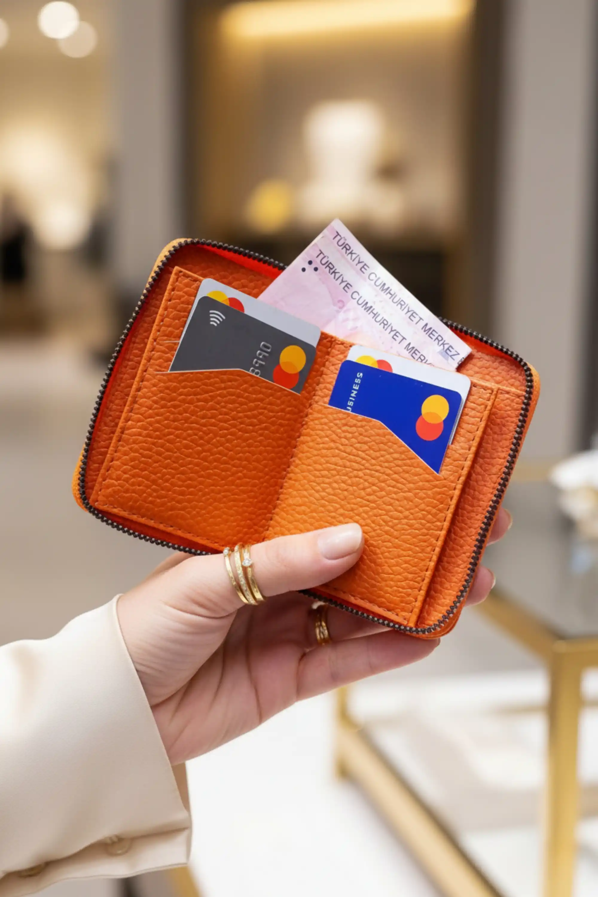 Kadın Vegan Deri Fermuarlı Portföy Turuncu Cüzdan Kartlık