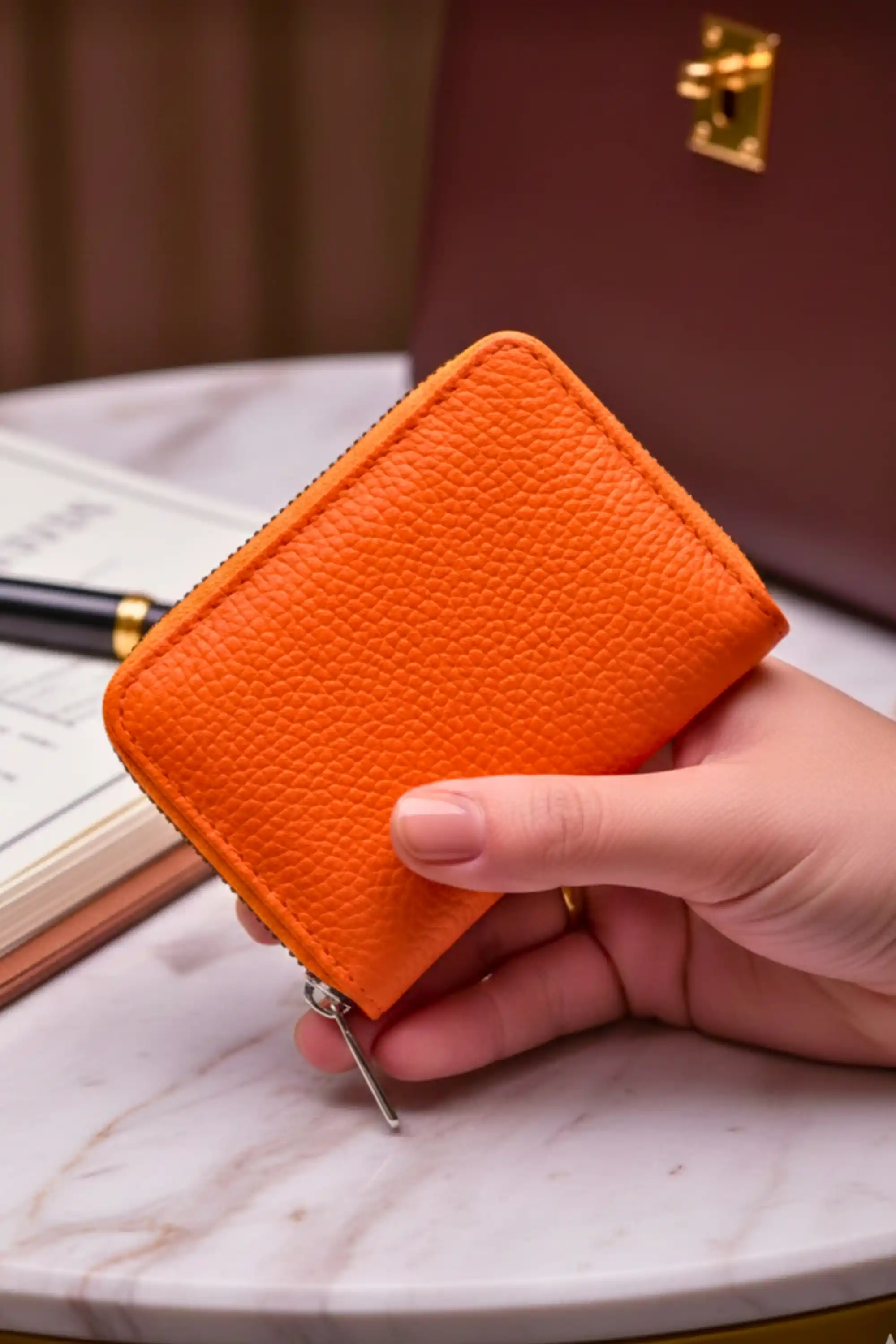 Kadın Vegan Deri Fermuarlı Portföy Turuncu Cüzdan Kartlık