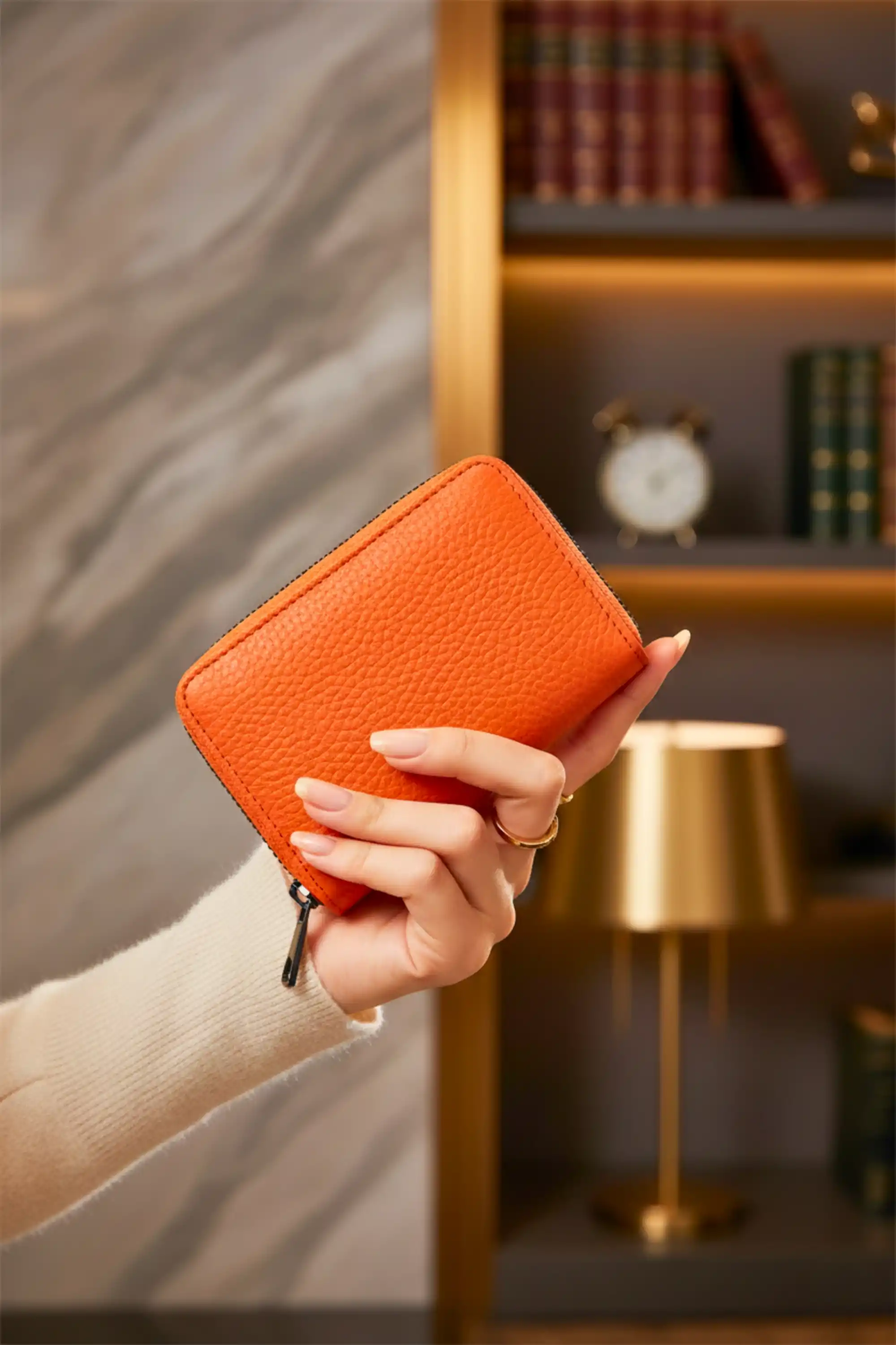 Kadın Vegan Deri Fermuarlı Portföy Turuncu Cüzdan Kartlık