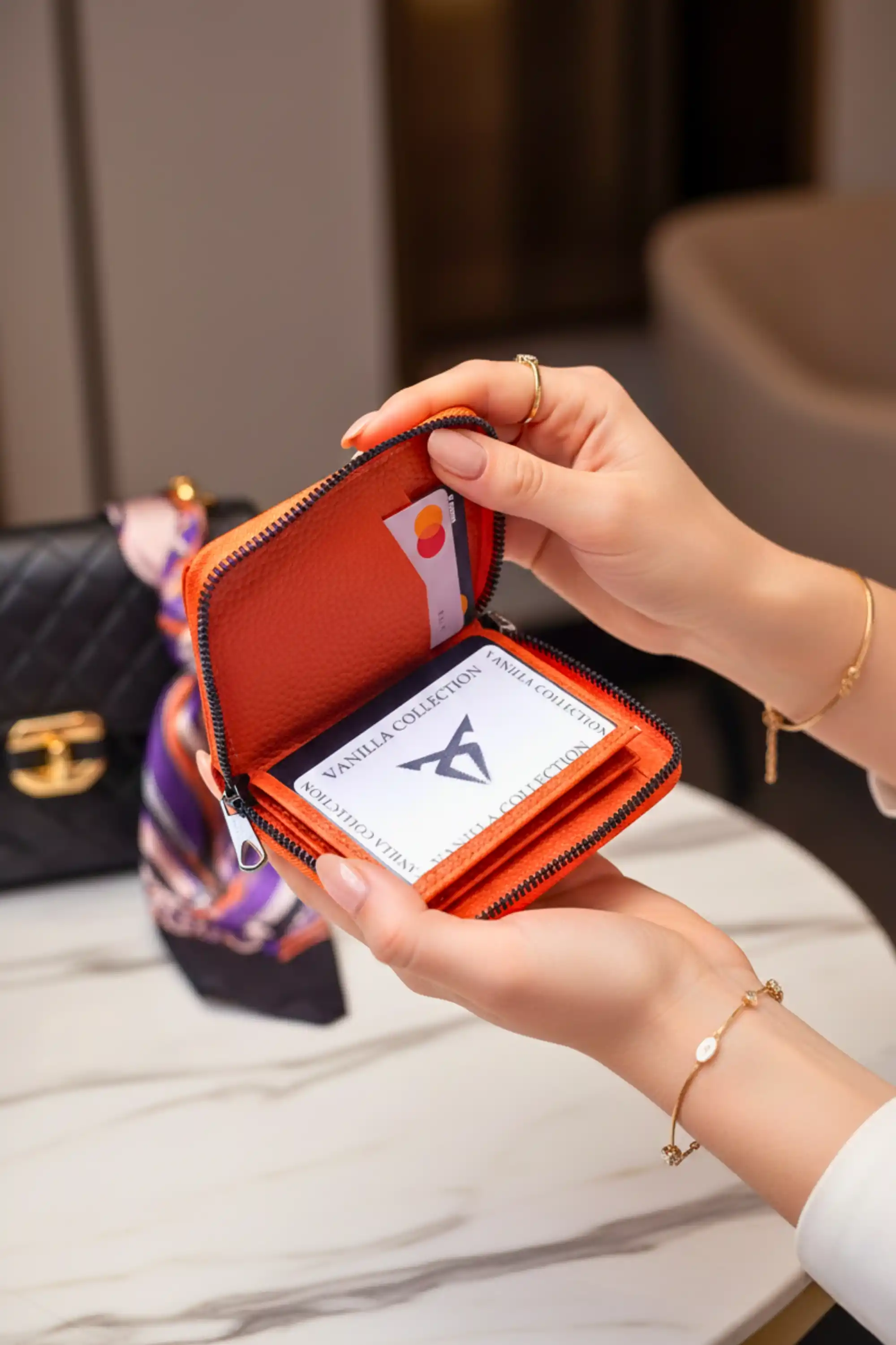 Kadın Vegan Deri Fermuarlı Portföy Turuncu Cüzdan Kartlık