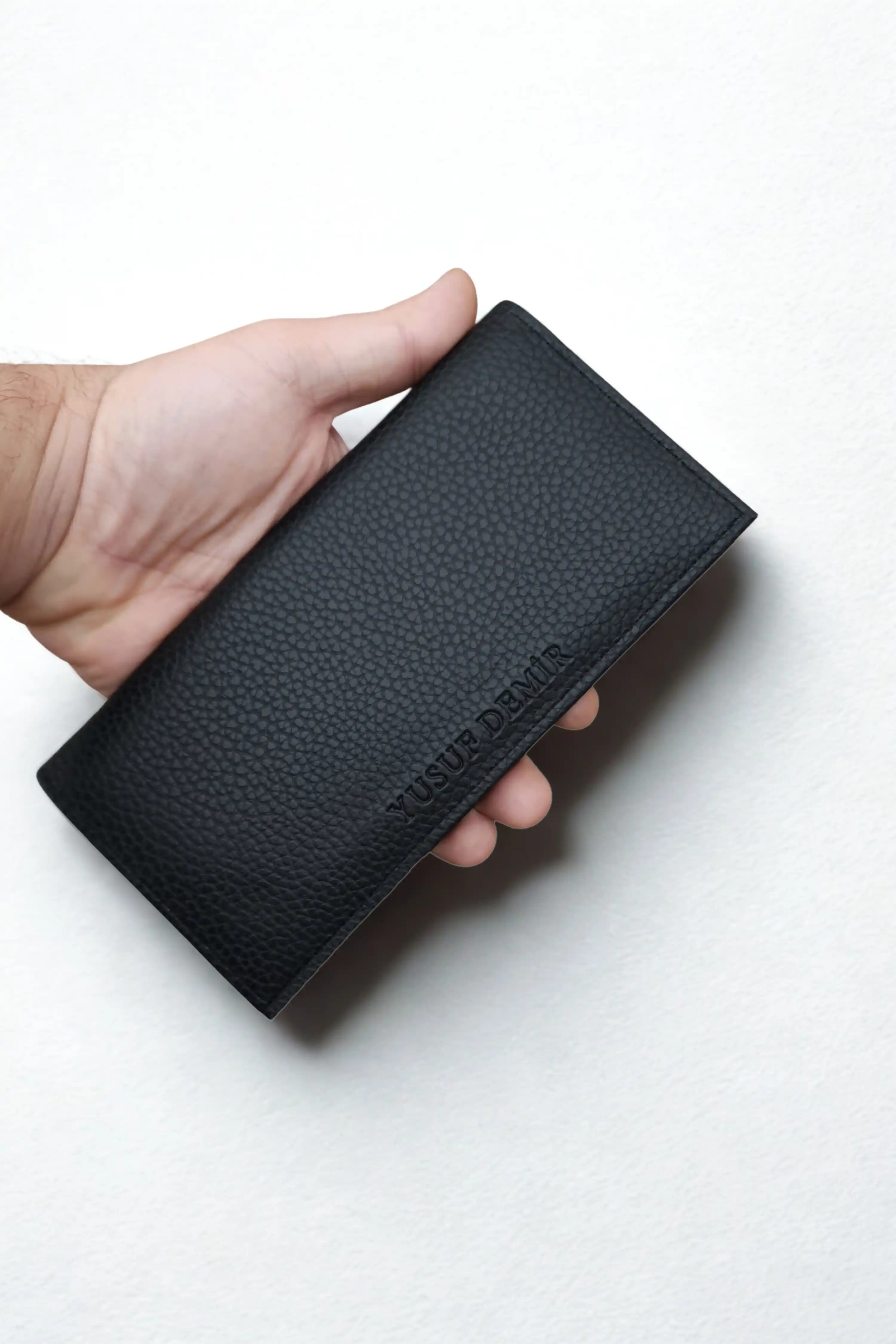 Telefon Bölmeli Cüzdan İsim Baskılı Mıknatıslı Ve El Bantlı Büyük Paraportföy El Çantası Siyah