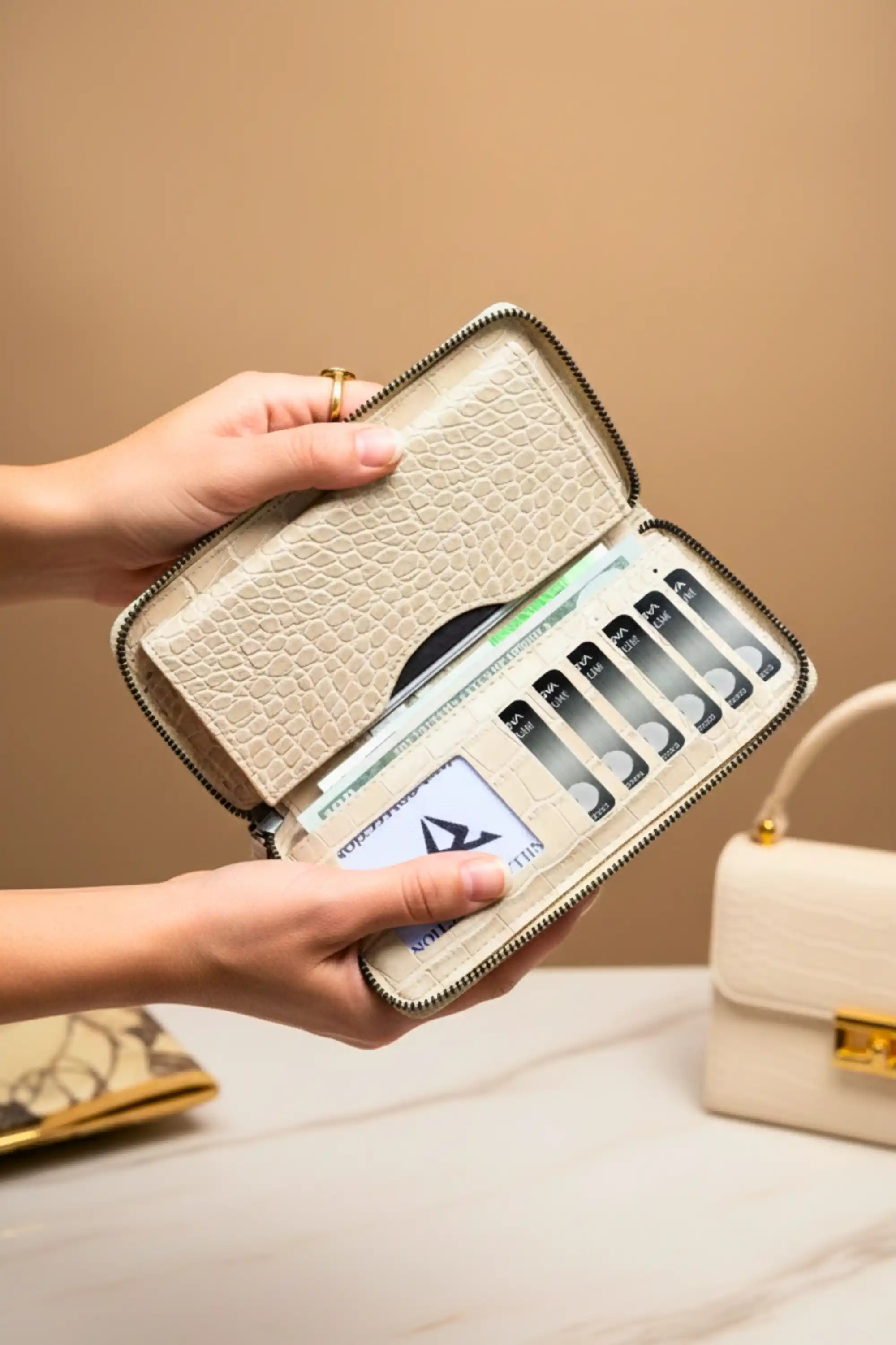 Telefon Bölmeli Timsah Desenli Fermuarlı Kadın Cüzdanı Bej Vegan Deri