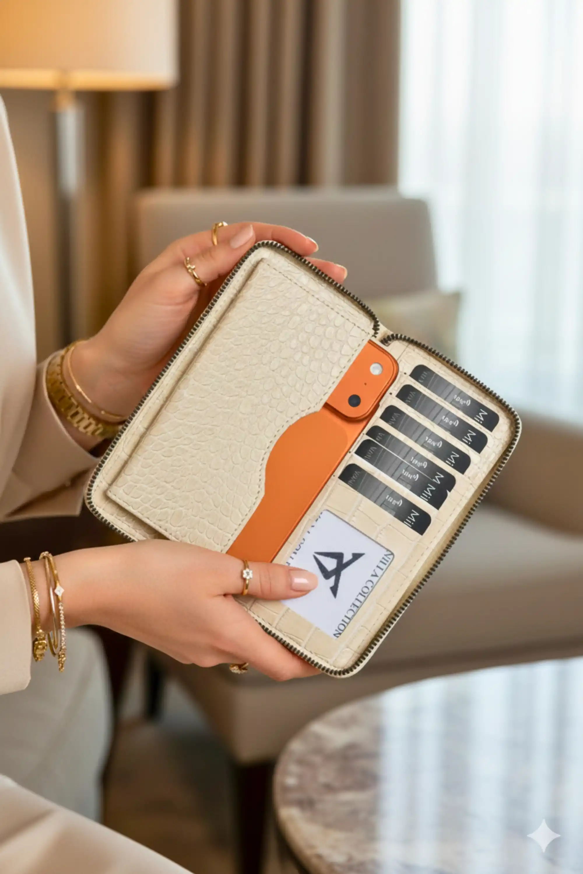 Telefon Bölmeli Timsah Desenli Fermuarlı Kadın Cüzdanı Bej Vegan Deri