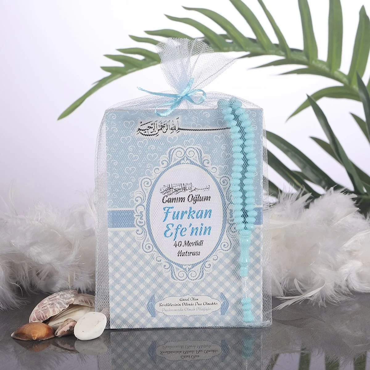 Kalp Mavi Tül Kese + Yasin + Tesbih