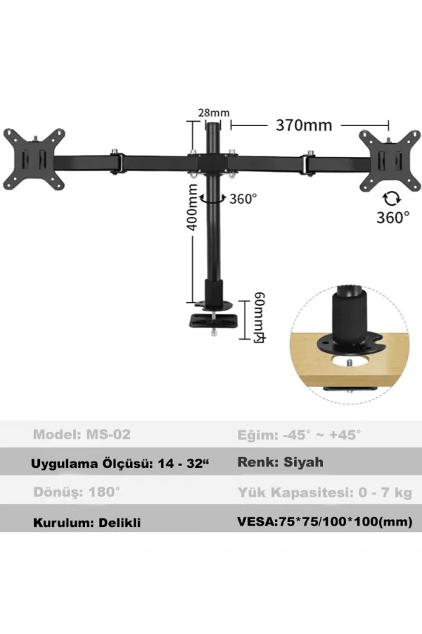 Masaüstü Ayarlanabilir 14-32” Çift Kol Monitör Tutucu SK14-32ÇİFTKOL