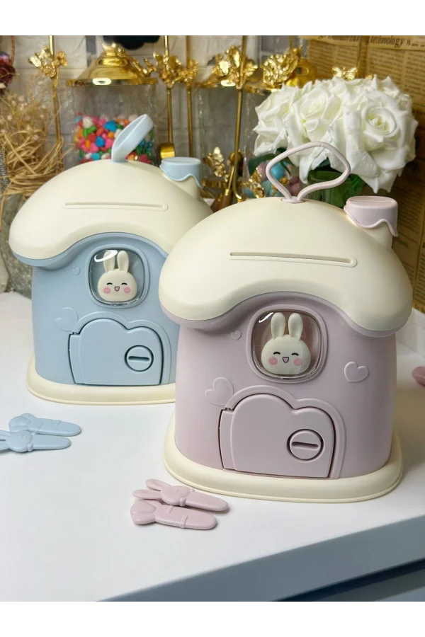 DailyTech Anahtarlı Sevimli Tavşan Figürlü Pembe Kumbara Çocuk Odası Dekoru Para Kutusu