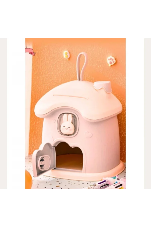 DailyTech Anahtarlı Sevimli Tavşan Figürlü Pembe Kumbara Çocuk Odası Dekoru Para Kutusu