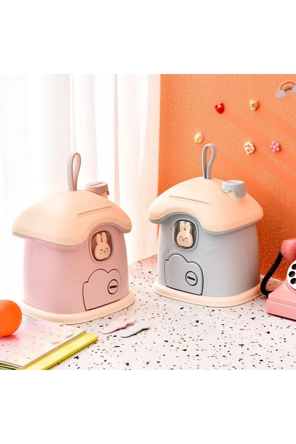 DailyTech Anahtarlı Sevimli Tavşan Figürlü Pembe Kumbara Çocuk Odası Dekoru Para Kutusu