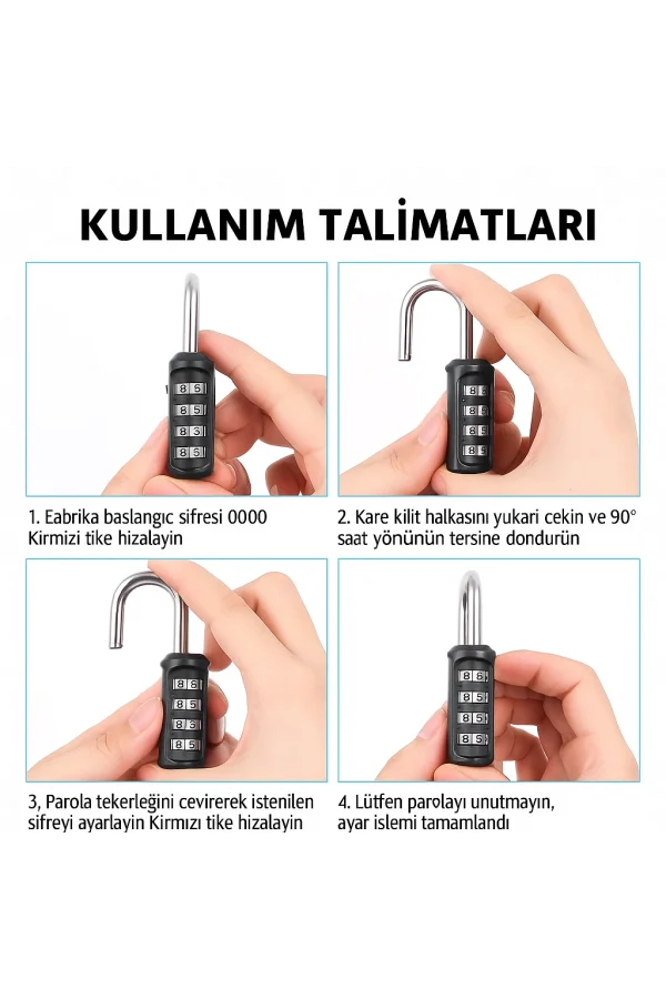 DailyTech 4 Haneli Şifreli Asma Kilit Çelik Halka Dolap Bavul Spor Çantası Okul Spor Salonu Kilidi
