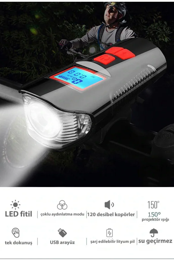 DailyTech Bisiklet Işık Korna LCD Hız Göstergesi Su Geçirmez Fener