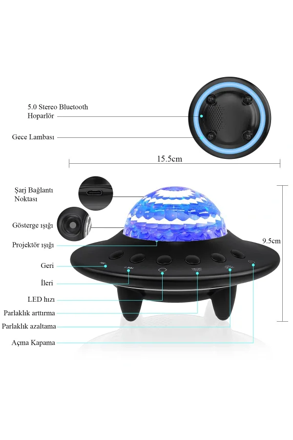 DailyTech Galaxy Projektör Hoparlör Bluetooth UFO Gece Lambası