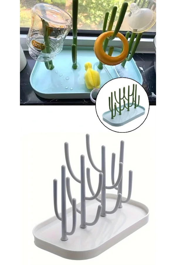 DailyTech Kaktüs Tasarımlı Bebek Biberon Aksesuar Kurutma Standı Su Drenajlı Hijyenik Organizer