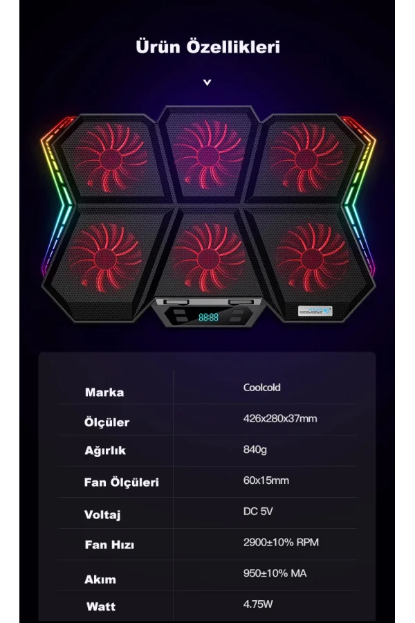 Coolcold LED K40 6 Fanlı 17 inç RGB Laptop Notebook Soğutucu Stand