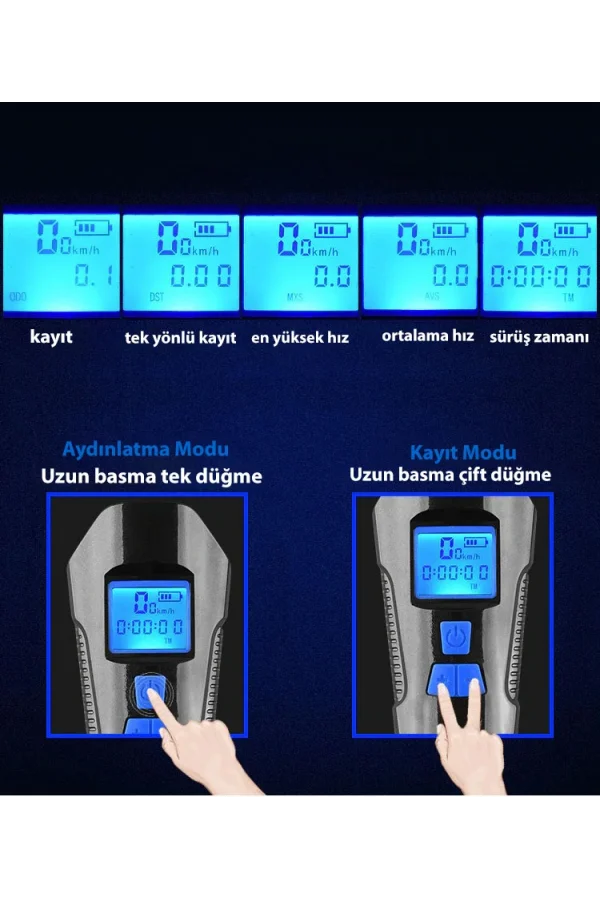 DailyTech Bisiklet Işık Korna LCD Hız Göstergesi Su Geçirmez Fener