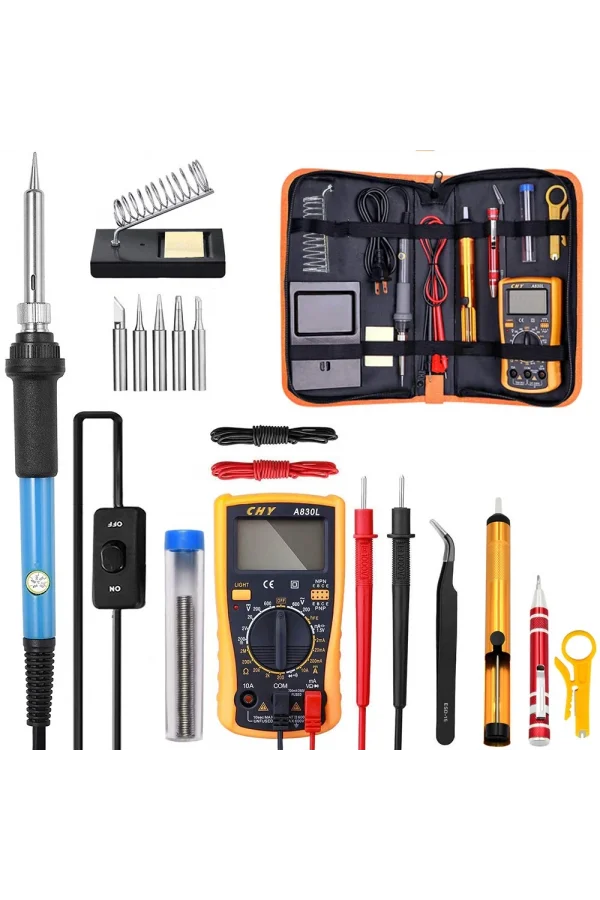 60W Havya Lehim Seti Multimetre Vakum Pompası Uç Seti Lehim Teli Cımbız Kılıf Elektronik Onarım Kiti