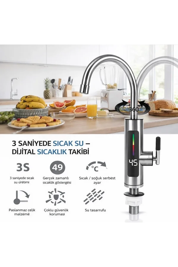 DailyTech 3000W Elektrikli Anında Su Isıtmalı Musluk Dijital Sıcaklık Göstergeli 360 Döner