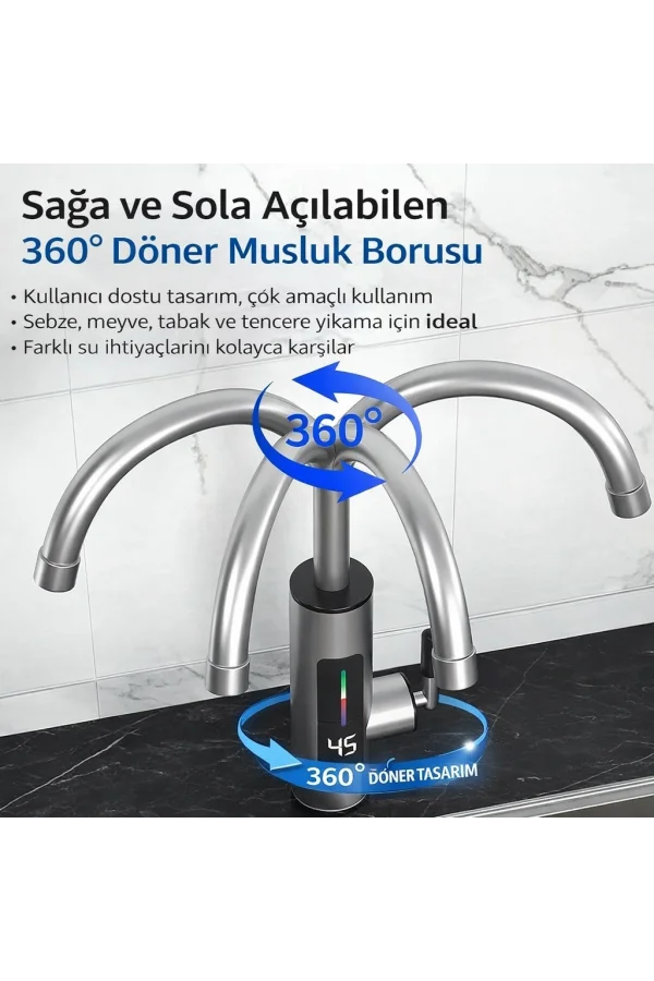 DailyTech 3000W Elektrikli Anında Su Isıtmalı Musluk Dijital Sıcaklık Göstergeli 360 Döner