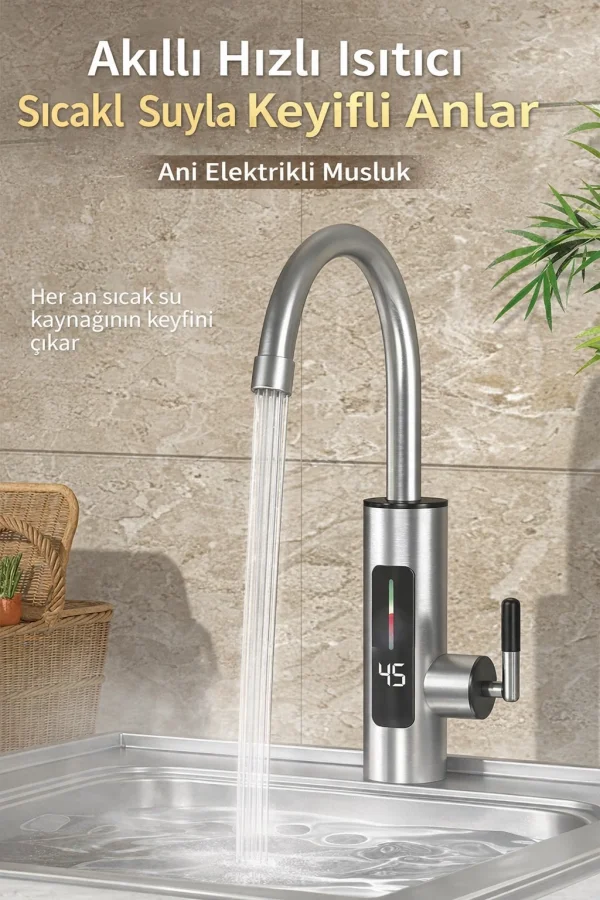DailyTech 3000W Elektrikli Anında Su Isıtmalı Musluk Dijital Sıcaklık Göstergeli 360 Döner