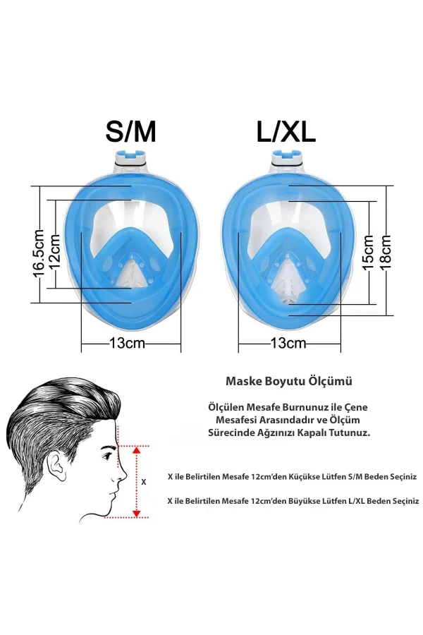 DailyTech Tam Yüz Dalış Maskesi Slikon Şnorkel Full Face - DailyTech - MAVİ - L/XL