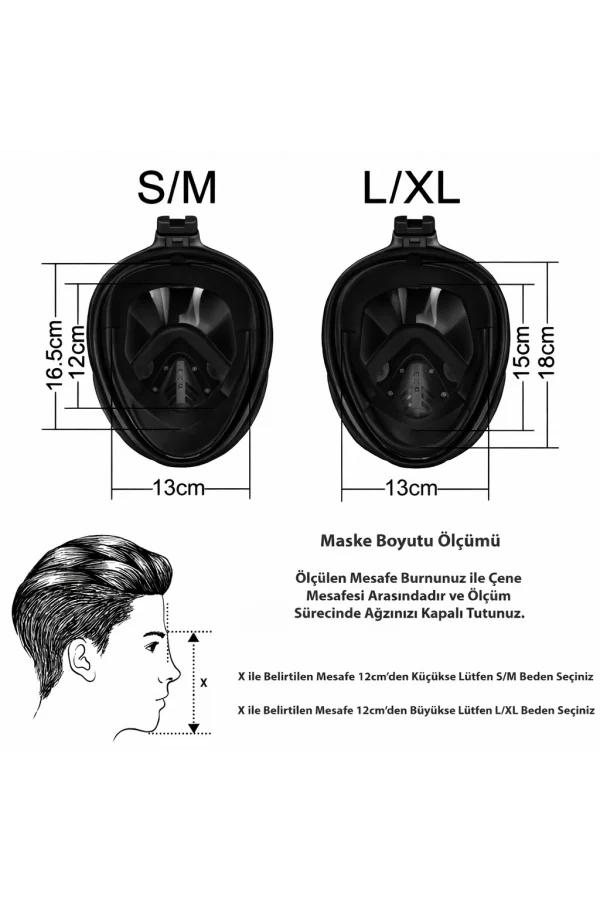 DailyTech Tam Yüz Dalış Maskesi Slikon Şnorkel Full Face - DailyTech - SİYAH - S/M
