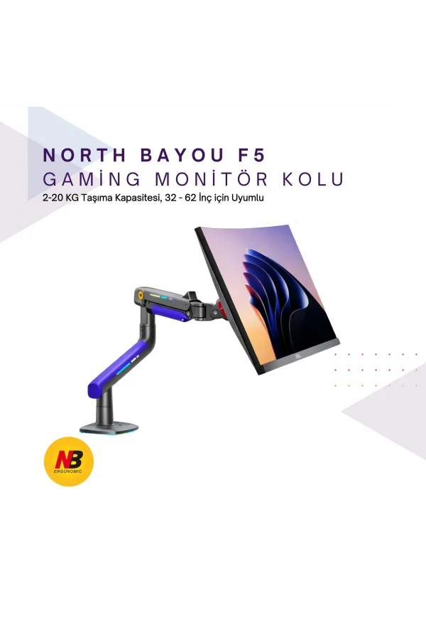 NB F5-GB Gaming Monitör Kolu 32-60 RGB Işıklı 2-20 KG Yüksek Taşıma Kapasiteli Profesyonel Monitör Askısı MAVİ