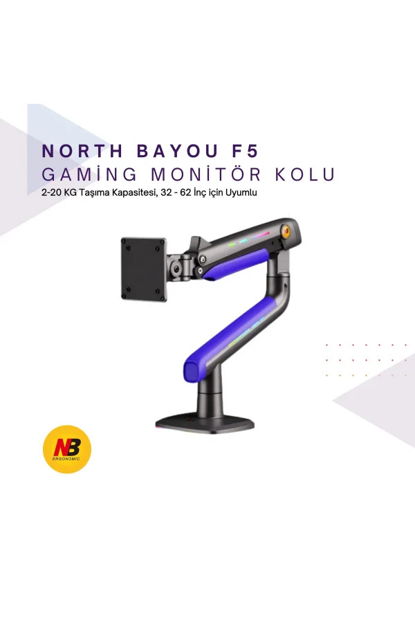 NB F5-GB Gaming Monitör Kolu 32-60 RGB Işıklı 2-20 KG Yüksek Taşıma Kapasiteli Profesyonel Monitör Askısı MAVİ