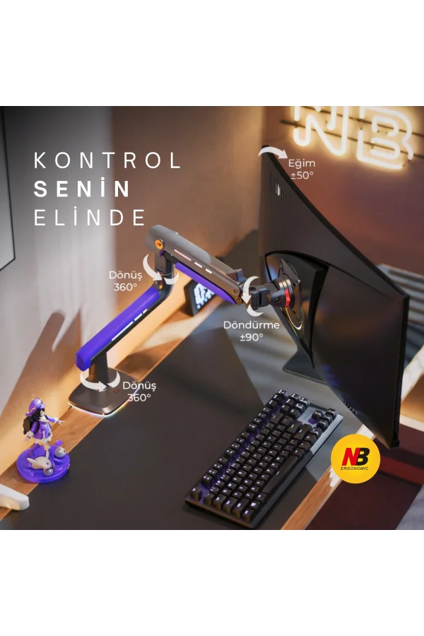 NB F5-GB Gaming Monitör Kolu 32-60 RGB Işıklı 2-20 KG Yüksek Taşıma Kapasiteli Profesyonel Monitör Askısı MAVİ