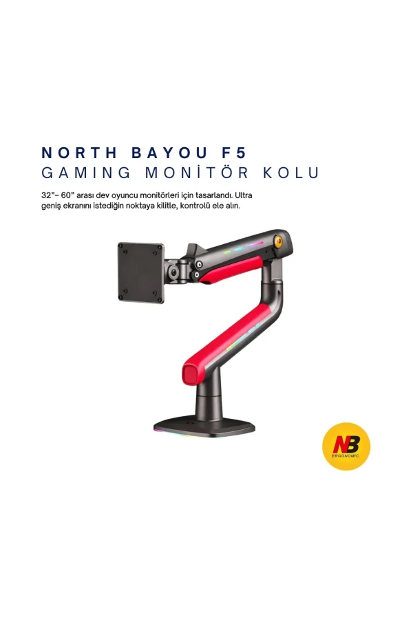 NB F5-GR Gaming Monitör Kolu 32-60 inç RGB Işıklı 2-20 KG Yüksek Taşıma Kapasiteli Profesyonel Monitör Askısı KIRMIZI